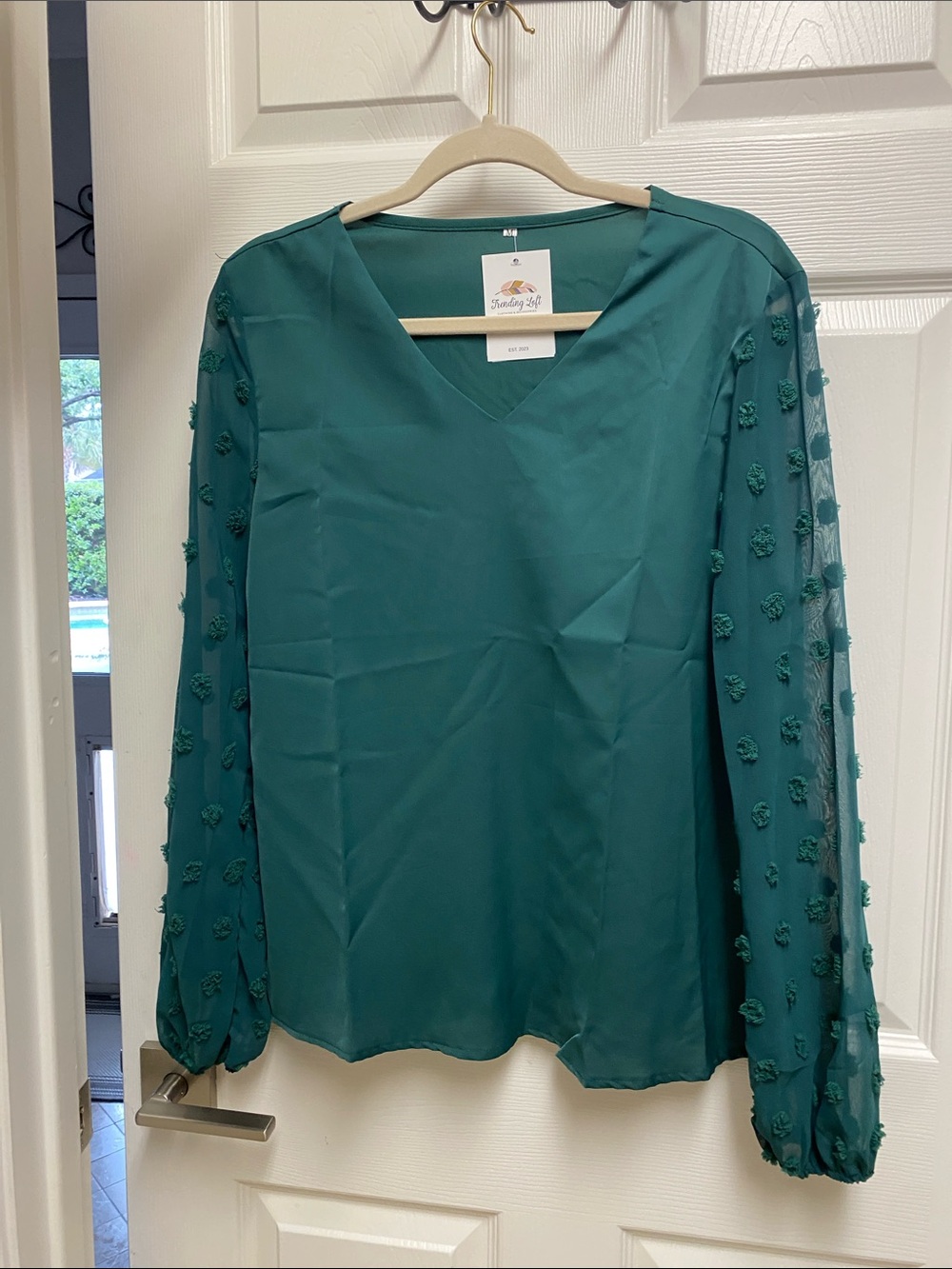 V-Neck Green Blouse with Pom-Pom Sheer Sleeves